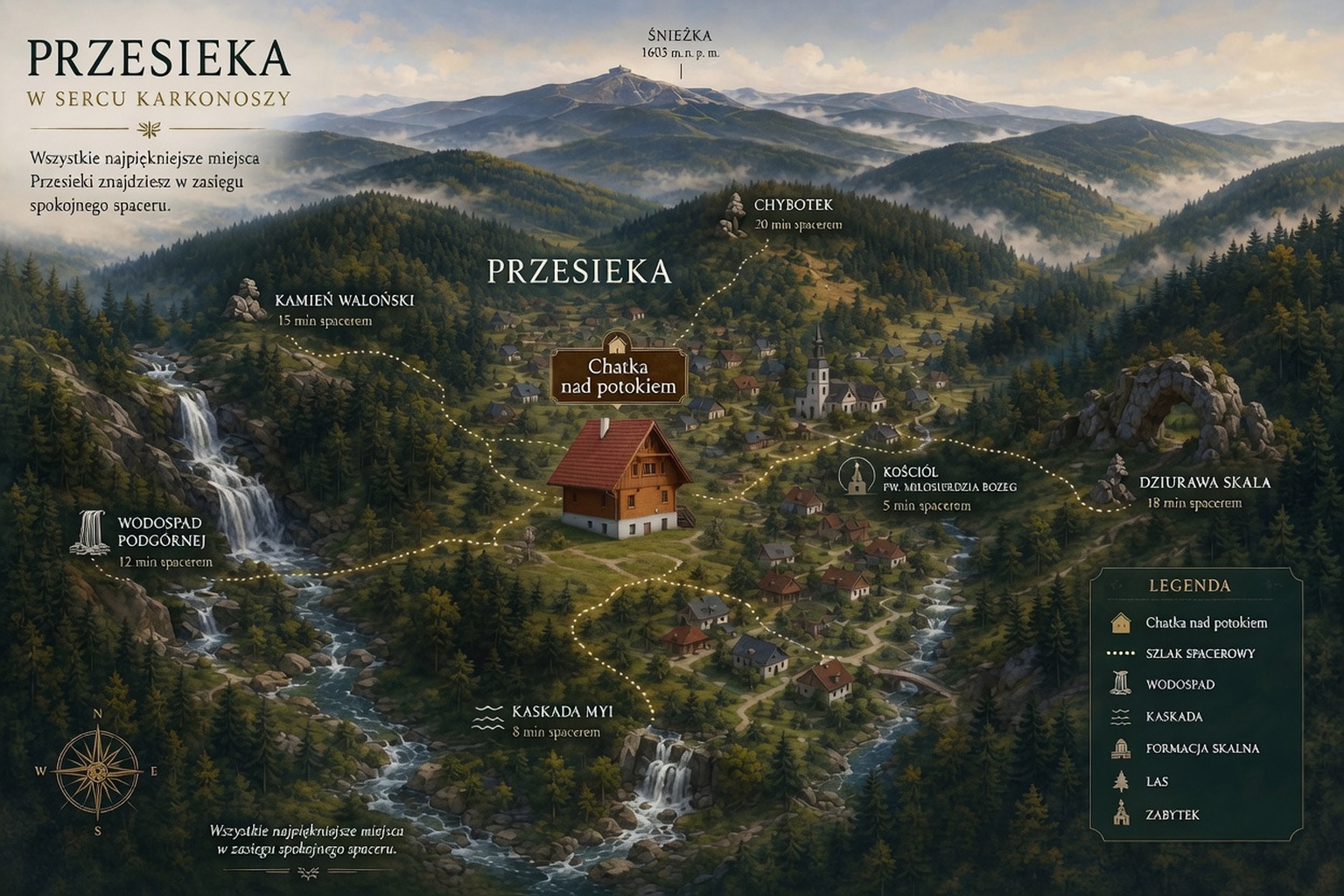 Ilustrowana mapa okolicy Przesieki — Chatka nad potokiem, Wodospad Podgórnej, Kaskada Myi, Kamień Waloński, Chybotek, Dziurawa Skała i Śnieżka