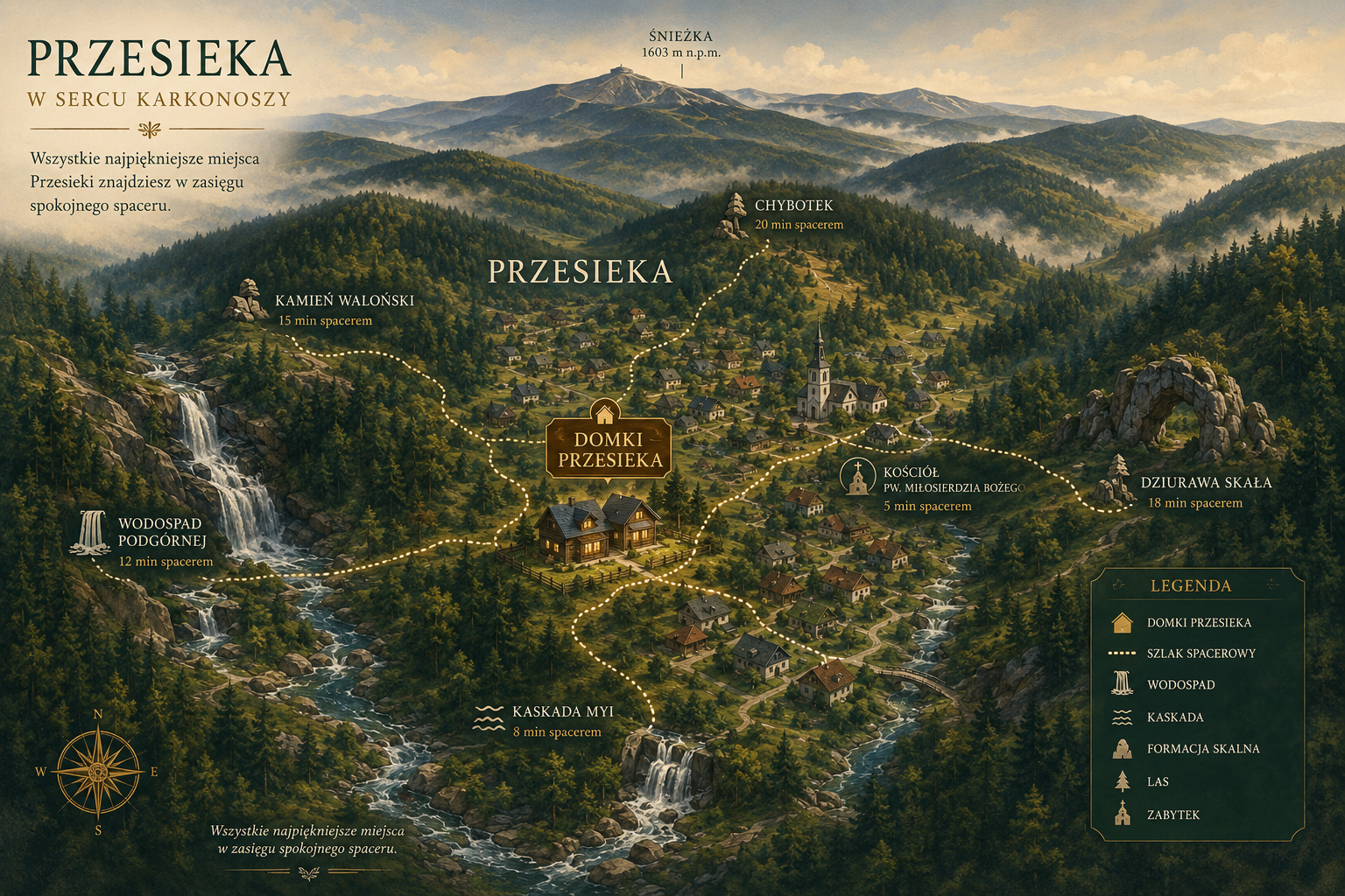 Ilustrowana mapa okolicy Przesieki — Wodospad Podgórnej, Kaskada Myi, Kamień Waloński, Chybotek, Dziurawa Skała i Śnieżka