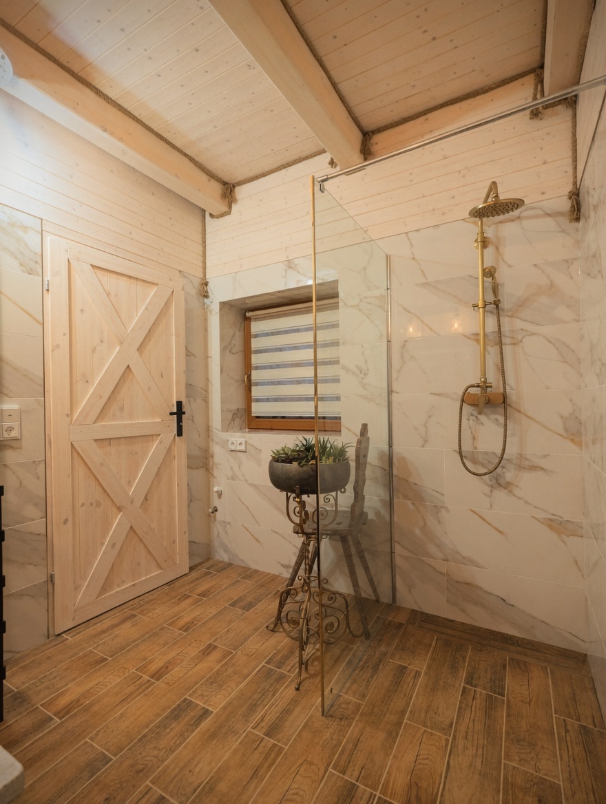 Prysznic walk-in w kamiennej łazience